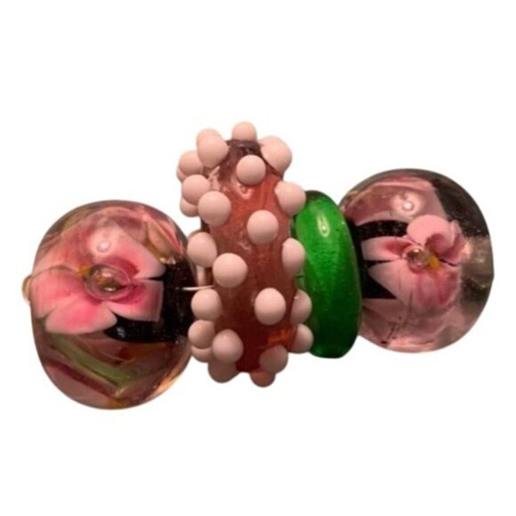 Handmade Pink Green Glass Lampwork Beads - New - Picture 1 of 6